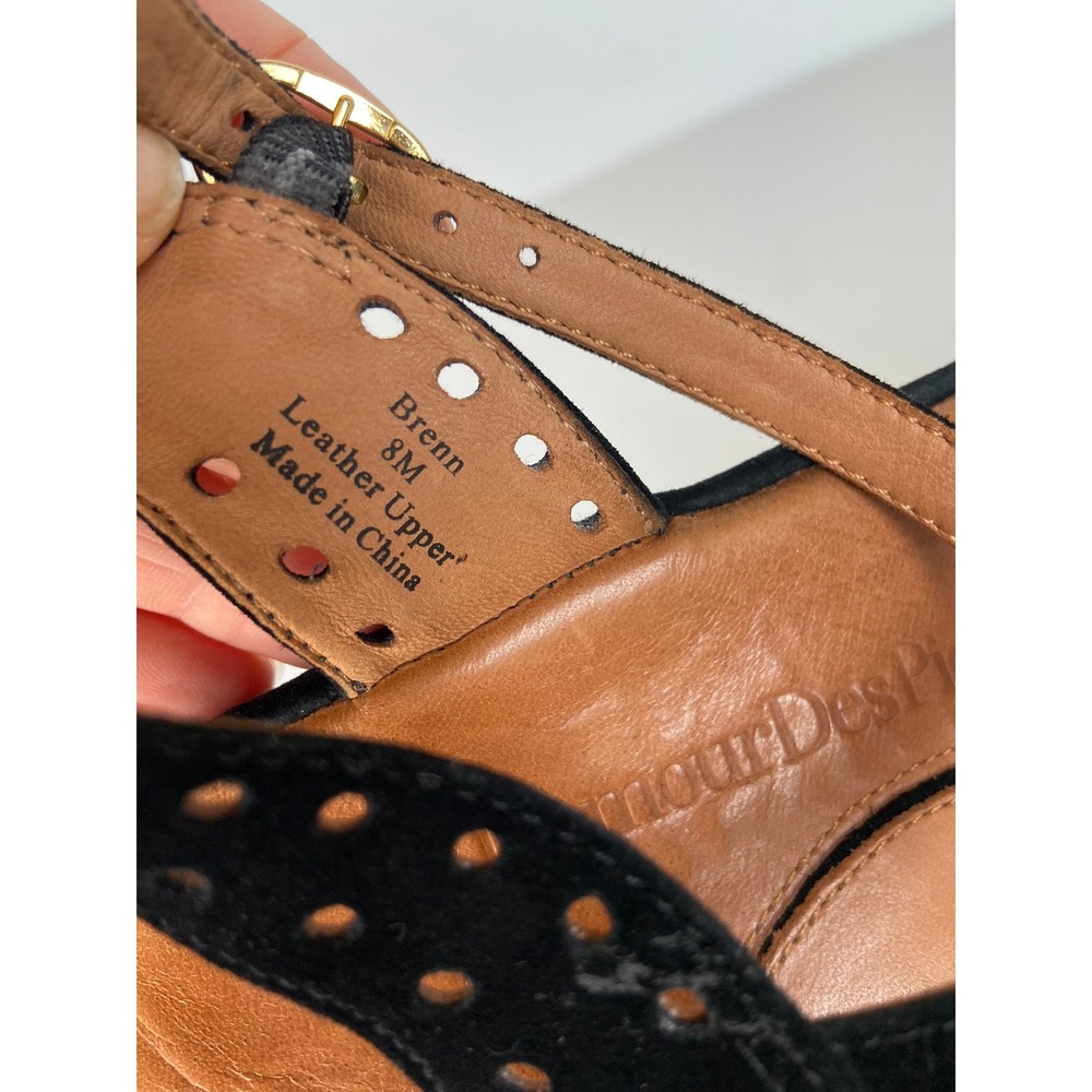 L'amour Des Pieds Brenn Size 8M Black Suede Laser Cut Peep Toe Wedge Sandals - Picture 9 of 10